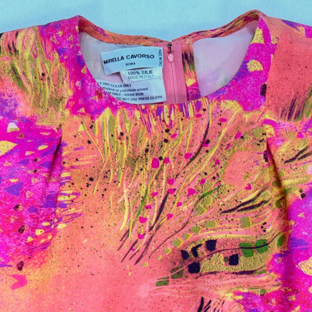 Mirella Cavorso Silk Blouse M Pink Orange Print Long Sleeve Top Vintage Work Fun - Picture 4 of 11